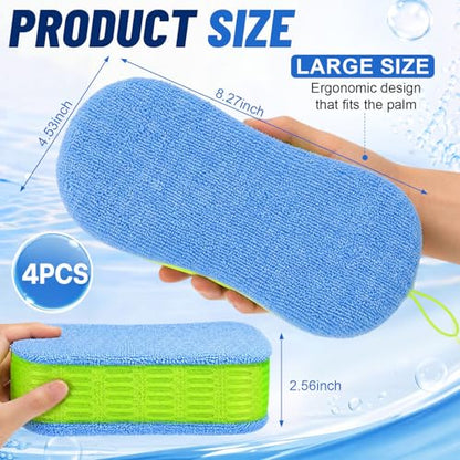 4 Pack Large Microfiber Car Wash Sponges, Cleaning Extra Thick Multi-Purpose Non Scratch Dual-Sided Scrub Pad Reusable Pad for Car, Trucks, Suvs, Boat, Bathroom, Kitchen(Green) - color: Green
