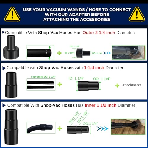 Universal Shop Vac Brush Attachment Kit – 2-1/2'' Round Dust Brush & 1-1/4'' Horse Hair Vacuum Brush with 2-1/2'' & 1-7/8'' to 1-1/4'' Vacuum Hose Adapters for Wet/Dry Vacuums