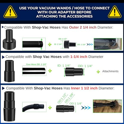 Universal Shop Vac Brush Attachment Kit – 2-1/2'' Round Dust Brush & 1-1/4'' Horse Hair Vacuum Brush with 2-1/2'' & 1-7/8'' to 1-1/4'' Vacuum Hose Adapters for Wet/Dry Vacuums
