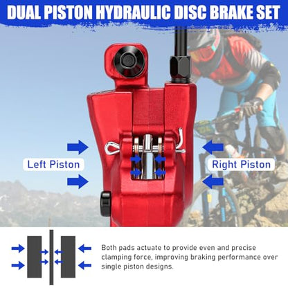 TOBWOLF 1 Pair Hydraulic Bike Brakes Set, Dual Piston Mountain Bike Hydraulic Brakes Left Front 810mm & Right Rear 1470mm, MTB Disc Brake Set for Mountain, Road Bicycle & Ebike - color: Red Hydraulic Disc Brake Set - Dual Piston