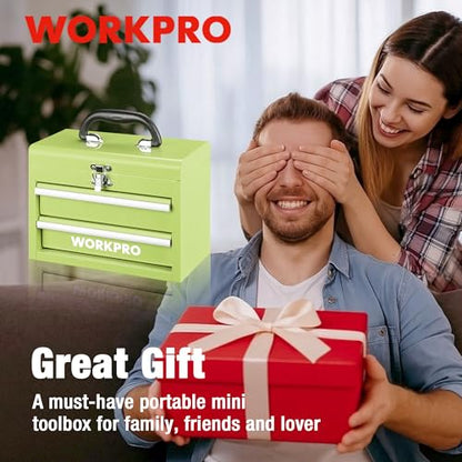 WORKPRO Portable Mini Tool Box, 2 Drawers Metal Tool Chest with Ball Bearing Slides, Top Storagewith Latch, Ergonomic Carrying Handle, Mechanic Toolbox with PVC Liners and PP Feet Pads - color: Macaron Green