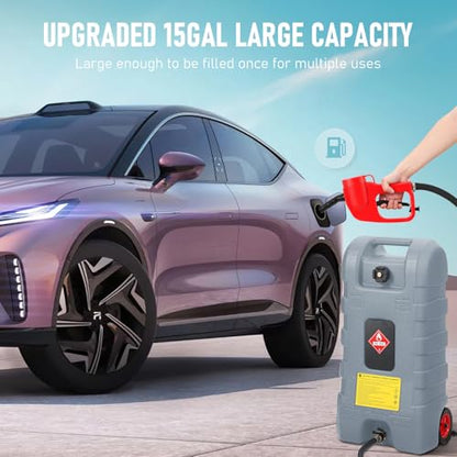 15 Gallon Gas Can, Fuel Tank Container with LE Fluid Transfer Manual Siphon Pump & 10FT Hose, Portable Diesel Gas Storage Caddy with Wheels for Car, ATV, Weeder, Boat, etc., Grey - color: Grey