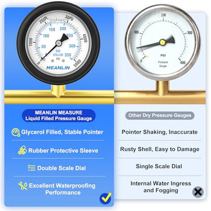 MEANLIN MEASURE 0~5000Psi Stainless Steel Liquid Filled Pressure Gauge 1/4" NPT 2.5" FACE DIAL with Rubber Protective Sleeve, Center Back Mount - size: 0-5000Psi