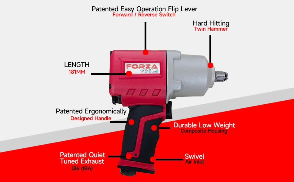 1/2" Composite Air Impact Wrench, One-Handed Push Button F/R Control, 830 ft-lbs Max Torque, Lightweight Pneumatic Gun for Tire Change & Auto Repair