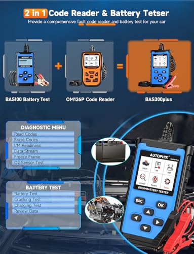 AUTOPHIX 2 IN 1 OBD2 Scanner with Battery Tester, BAS300 Plus 12V 100-2000 CCA Battery Charging Cranking Test Car Code Reader, Full OBD2 Diagnosis Check Engine Diagnostic Scan Tool Battery Load Tester - color: Lake Blue
