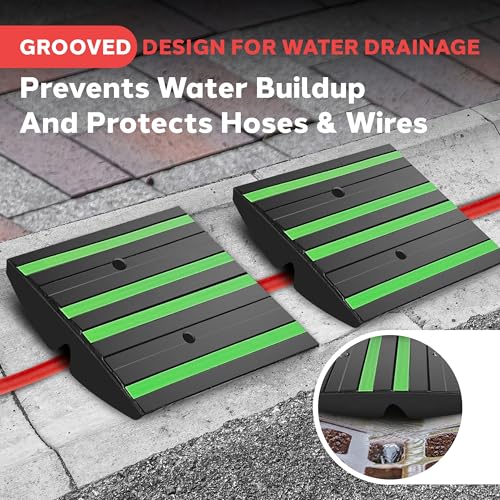 Pyle 1 Ft. Rubber Threshold Curb Ramp - Heavy Duty Non-Slip Rubber, Easy Mounting with Expansion Screws, Green Reflective Strips - Ideal for Driveways, Sidewalks, and Vehicle Ramps - 12.0"x16.0"x 2.6" - color: Green, size: Pack of 2