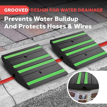 Pyle 1 Ft. Rubber Threshold Curb Ramp - Heavy Duty Non-Slip Rubber, Easy Mounting with Expansion Screws, Green Reflective Strips - Ideal for Driveways, Sidewalks, and Vehicle Ramps - 12.0"x16.0"x 2.6" - color: Green, size: Pack of 2