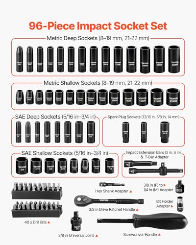 VEVOR 96 Piece 3/8" Drive Impact Socket Wrench and Bit Set, SAE (5/16" to 3/4") & Metric (8 to 22 mm), CR-V, Deep & Shallow, 6 Point, Ratchet, Universal Joint, Bit Holder, Adapters, Spark Plug Socket - style: 3/8" 96 PCS