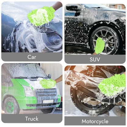 3 Pack Chenille Microfiber Car Wash Mitt, 7" x 9.6", Green | Car Washing Mitts, Home Dusting Gloves, Scratch Free Lint-Free, Highly Absorbent, Double Sided, for Cleaning Detailing Polish - color: Green