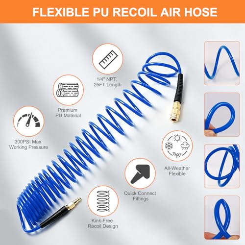 PU Recoil Air Hose, 1/4" NPT Polyurethane Coiled Air Compressor Hose with Quick Coupler & Bend Restrictors, Flexible Retractable Spring Air Line for Pneumatic Tools, Garage, Workshop 25'' Blue