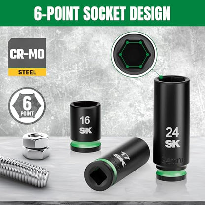 SK 1/2" Drive Impact Socket Set, 30-Piece Metric Sockets, CR-MO Steel | Deep 10mm to 24mm, Shallow 8mm to 24mm, SureGrip 6 Point Design, With Storage Case - size: 1/2"