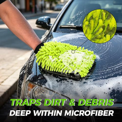 3-Piece Car Wash Kit: 2 Scratch-Free Chenille Microfiber Wash Mitts + 1 Large 400GSM Drying Towel, Lint-Free Auto Cleaning Set for Cars Trucks SUVs RVs | 2 Scratch-Free Chenille Washing Glove + 1 Large 400GSM Drying Towel, Lint-Free Auto Cleaning Set for