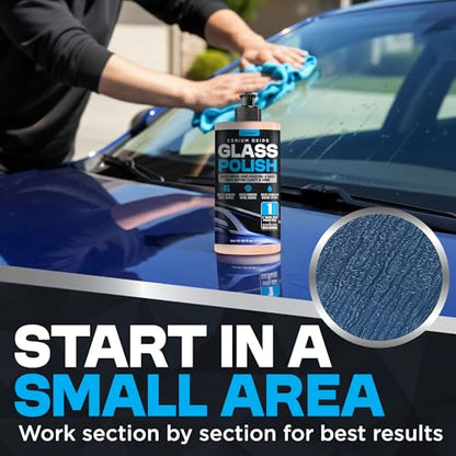 Durabasics Cerium Oxide Glass Polish – Glass Scratch Remover for Light Scratches, Haze & Wiper Marks on Windshields – Glass Polishing Compound with 3” Wool Felt Pad Kit – 16oz