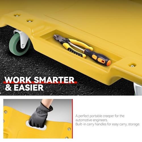 Auto Dynasty 40 Inches Mechanic Creeper, Automotive Garage Repair Low Profile Under Car Rolling Creeper with Padded Headrest, Plastic, Yellow - color: Yellow, size: 40" L