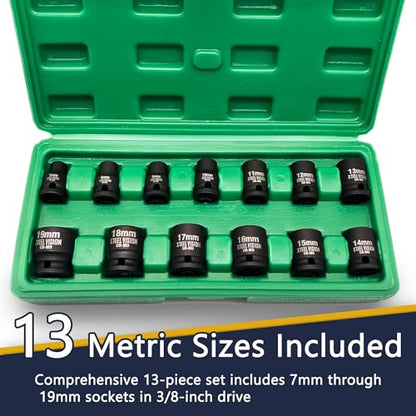 Steel Vision Tools 13 pieces 3/8 inch Drive Shallow Metric Impact Socket Set, 7mm to 19mm, CR-V, Metric, 6 Point, Shallow, 13 Pieces 3/8" Dr. Socket Set, Heavy Duty Blow Molded Storage Case - style: 3/8"_Metric_Shallow