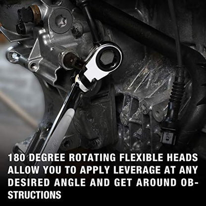 DURATECH Extra Long Flex-Head Ratcheting Wrench Set, 5-Piece, SAE | Double Box End, 5/16" to 13/16", 72-Tooth, 5° Swing Arc, for Narrow Spaces, CR-V Steel, Mirror Polished, EVA Foam Organizer