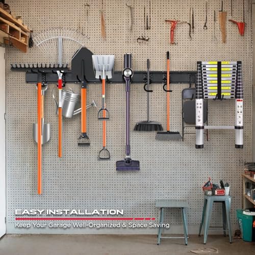 SEDY 64" Heavy Duty Garage Storage Tool Organizer Wall Mount - Tool Rack with Adjustable Hooks, Anti-Rust, 300lbs Capacity - Easy Installation (4 Racks, 10 Hooks, 3 Straps) - style: 64" Garage Wall Organizer (4 Panels, 10 Hooks, 3 Straps)