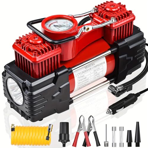 Dual Cylinder Tire Inflator Portable Air Compressor 12 Volt Car Air Pump Car Accessories 150 PSI LED Light, Heavy Duty Off Road for Truck, SUV, Car, RV(RED) - color: Red