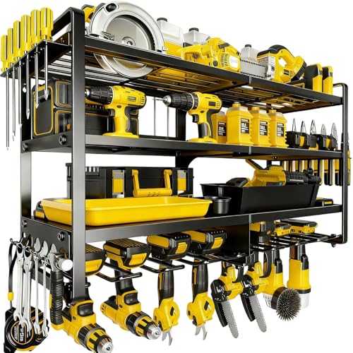 Heavy Duty 4-Tier Wall Mount Tool Rack, 8-Drill Holder & Charging Station, 400lb Load Shelf for Garage Workshop Organization - color: Without charging station, size: 4 Layer/8 Drill Holder