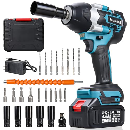 Cordless Impact Wrench 740Ft-lbs (1000N.m) Brushless 1/2" High Torque Electric Impact Gun/Drill with 21V 4.0Ah Battery,6 Sockets, 8 Drill, 6 Screws,Work for Car/Mower/DIY Woodworking