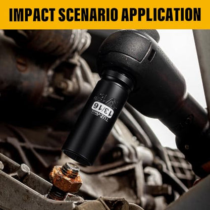 1/2 Inch Drive 13/16 Inch Deep SAE 6 Point CR-MO Impact Socket | Radius Corner Design,Square Chamfered Opening,Axle Nut Impact Grade Socket for Easy Removal - size: 1/2” Drive 13/16 Deep, style: 1/2" Drive Deep Socket