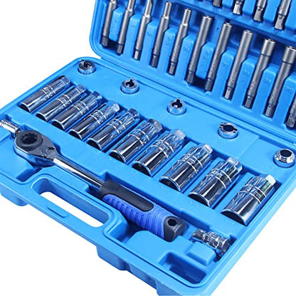 43pc Shock Absorber Strut Nut Go-Thru Socket Set Kit Ratchet Steering Hub Suspension Shock Absorber Nut Removal Tool