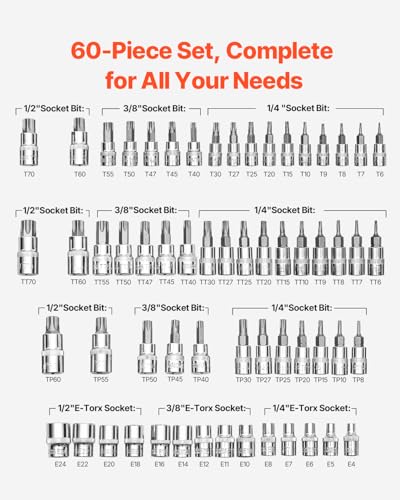 VEVOR Torx Bit Socket and External Torx Socket Set, 60-Piece T6-T70, TT6-TT70, TP8-TP60, E4-E24, S2 Alloy Steel and Cr-V Steel, 1/4 in, 3/8 in, and 1/2 in Drives, with Enhanced Storage Case, Hand Use - style: 60 PCS Torx & E-Torx