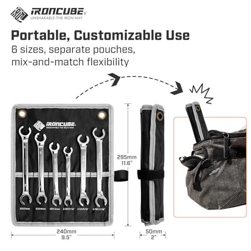 ironcube Flare Nut Wrench Set: 6-piece SAE & Metric Line Wrench Set for Removing or Replacing Nuts on Fuel, Brake or Air Conditioning Lines, Organizer Pouch Included