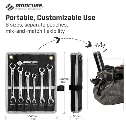 ironcube Flare Nut Wrench Set: 6-piece SAE & Metric Line Wrench Set for Removing or Replacing Nuts on Fuel, Brake or Air Conditioning Lines, Organizer Pouch Included