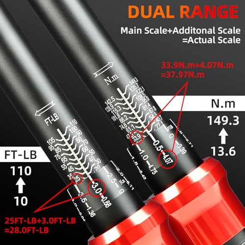 3/8-Inch Drive Torque Wrench 10-110ft.lb/13.56-149.14Nm | ±3% Precision Dual Direction Torque Wrenches with 72-Tooth Dual Range Scales with Ft.Lbs and N.m - size: 3/8" DR.『10-110 FT.LB』