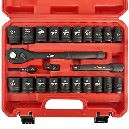 AMM 1/2" Drive Master Impact Socket Set, 24-Piece Shallow Standard SAE (7/16-Inch to 1-Inch) & Metric (13-24 mm) Sizes, Socket Assortment with Ratchet Handle，Cr-V Steel - size: 1/2" Impact Socket Set
