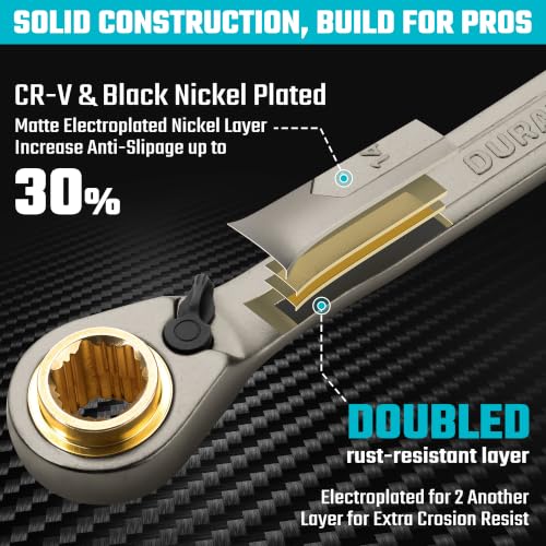 DURATECH Anti-slip 4-in-1 Reversible Ratcheting Box Wrench Set | Double Box End, Metric, 2-Piece, 8, 10, 12, 13 & 14, 15, 17, 19 mm, CR-V Steel, Nickel Plated, with Rolling Pouch - style: Anti-slip & Metric