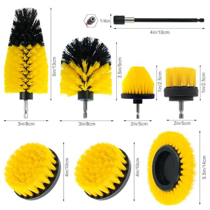 8 Pcs Drill Brush Attachment Set - Power Scrub Brush Kit | Brush Drill with Extend Long Attachmen - All Purpose Household Cleaning Brushes for Car, Grout, Floor, Tub, Bathroom - color: Yellow