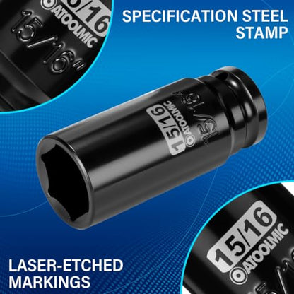 1/2" Drive x 15/16 Inch Deep 6PT CR-MO Impact Socket for Removing Axle nut | SAE Socket,6-Point Radius Corner Design,Two Size Markings,Square Chamfered Opening,For Removal of Axle Nut - size: 15/16 Inch, style: 1/2" Drive Deep Socket