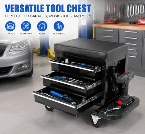 EXCELO Rolling Mechanic Seat, 3 Drawer Tool Chest 2-in-1 Padded Garage Stool with Foldable Side Trays, 350 LBS Capacity, Swivel Casters for Workshop
