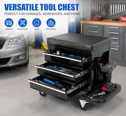 EXCELO Rolling Mechanic Seat, 3 Drawer Tool Chest 2-in-1 Padded Garage Stool with Foldable Side Trays, 350 LBS Capacity, Swivel Casters for Workshop