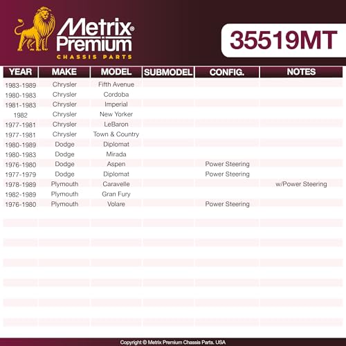 Metrix Premium Chassis Parts Pitman Arm Fits Chrysler Cordoba 1980-1983 | Dodge Aspen 1976-1980, Plymouth Caravelle 1978-1989, Chrysler Fifth Avenue 1983-1989, Imperial 1981-1983, Replacement K7101 - size: 35519MT