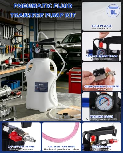 10L Transmission Fluid Pump, Pneumatic Fluid Transfer Pump w/ 15 ATF Adapters | & 3 Suction Hoses, 2-Way Fluid Extractor/Dispenser for Transmission, Differential, Transfer Case & Gearbox Filling - size: 10L, Pneumatic