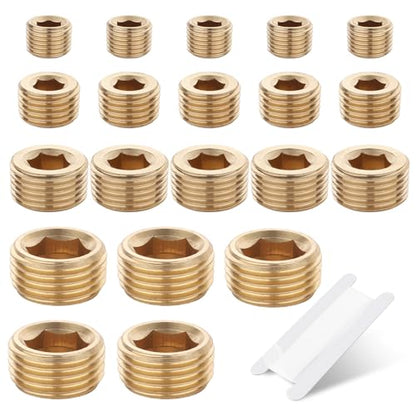 20 PCS Brass Pipe Plug 1/8" 1/4" 3/8" 1/2" NPT Plug Internal Hex Thread Socket Fitting Assortment Kit - size: Socket Plug