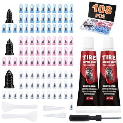 108 Pcs Tire Screw Plug Repair Kit, Tire Repair Screws with Tire Glue, Tire Repair Rubber Nail, Fast Self-Service Screw Tire Plug Kit for Tires, Car, Truck, Motorcycle, Tractor Puncture Repair