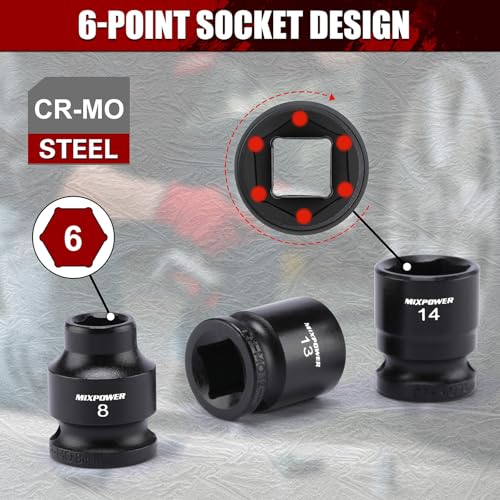 MIXPOWER 15-Piece 3/8" Drive Stubby Impact Socket,CR-MO,8-22mm,6-Point,Metric,Radius Corner Design, Axle Nut Impact Grade Socket for Easy Removal - size: 3/8" Drive / Metric Set