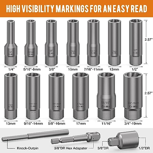 16PCS 3/8" Drive Deep Bolt Extractor Set, Impact Bolt Nut Remover Set, Stripped Lug Nut Extraction Socket Set For Narrow Space Removing Broken, Damaged, Frozen, Rusted, Rounded-Off Bolts, Nuts, Stud - size: 16PCS