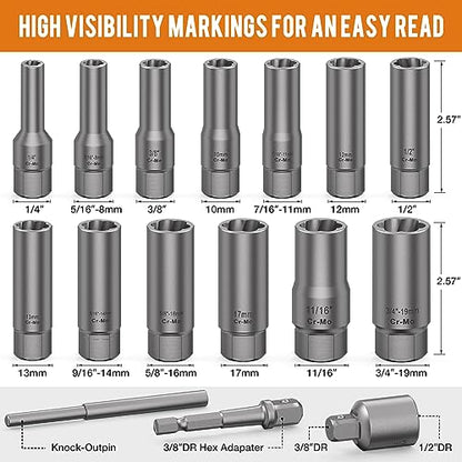 16PCS 3/8" Drive Deep Bolt Socket Extractor Set, Bolt Nut Remover Set | Stripped Slim Easy Out Tools For Removing Broken, Damaged, Frozen, Rusted, Rounded-Off Bolts, Crews, Nuts, Stud - size: 16PCS