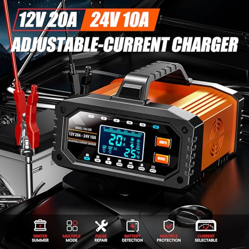2026 Upgraded 0.5/2/5/10/15/20Amp Adjustable Current Battery Charger, 12V/24V Smart Car Battery Trickle Charger Maintainer w/Auto Shutoff, Desulfator, for LiFePO4 AGM, STD, Gel, Deep Cycle Batteries