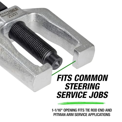 OEMTOOLS 25297 1 1/16 Inch Tie Rod End and Pitman Arm Puller, Drop Forged Tie Rod Removal Tool | Tie Rod Removal Tool, Pull Travel 2-1/8" (54 mm), Reach 2-1/2" (63 mm), Clearance 1-3/4" (44 mm), 19mm Hex - style: Pitman Arm Puller AND Rod End