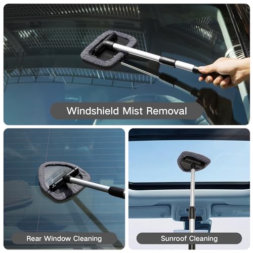 Qydipclin 7pcs Windshield Cleaner Tool Car Window Cleaning Wash Kit with 4 Reusable Microfiber Pads 1 Spray Bottle and Extendable Handle Auto Glass Wiper Kit, Gray - color: Gray