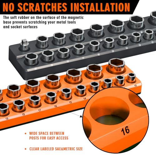 Magnetic Socket Organizer Holder Set – 8-Piece Tool Organizers Including 1/4", 3/8" and 1/2" Drive Socket Holder Metric & SAE 207 Pieces Socket Trays (Sockets are not Included)
