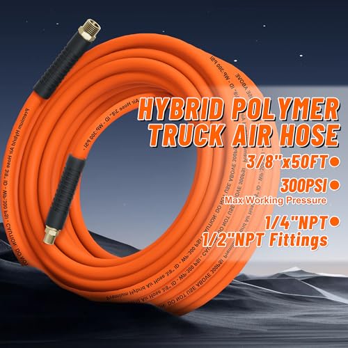 Truck Tire Inflator Kit, 3/8" x 50 ft Hybrid Air Hose with 1/2" Universal Gladhand Connection & 1/4" Dual Foot Chuck & Air Plug, Air Hose Tire Inflator Kit for Semi Truck (350psi max working pressure)