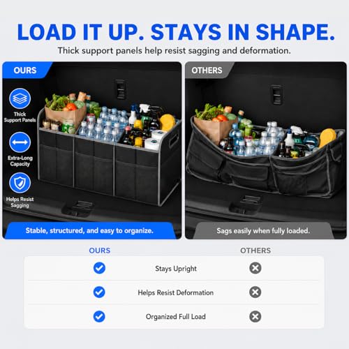 XL Car Trunk Organizer, 4 Compartments, 94L Capacity, Oxford Polyester 600D Material, Easy Fold and Store, Prevents Sliding | Rugged & waterproof large storage box. Features 94L capacity, 6 large mesh pockets & non-slip base for SUV, garage, camping - siz