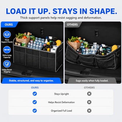 XL Car Trunk Organizer, 4 Compartments, 94L Capacity, Oxford Polyester 600D Material, Easy Fold and Store, Prevents Sliding | Rugged & waterproof large storage box. Features 94L capacity, 6 large mesh pockets & non-slip base for SUV, garage, camping - siz